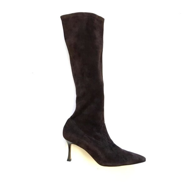 Manolo Blahnik Pamfilo Suede Boots Womens 38.5 Brown Stiletto Tall Heels Heeled - Picture 4 of 15